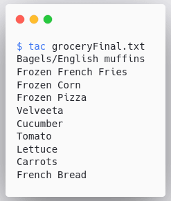 مشاهده محتویات فایل groceryFinal.txt، از انتها به ابتدا، توسط دستور tac